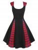 Plaid Polka Dot Bowknot Mock Button Surplice Dress -  