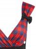 Plaid Polka Dot Bowknot Mock Button Surplice Dress -  