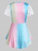 Lace Insert Rainbow Ruched Mock Button T Shirt -  