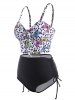 Dotted Butterfly Print Knot Cinched Ruched Tankini Swimwear -  