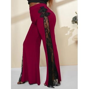 

Plus Size High Rise Lace Panel Bell Bottom Pants, Deep red