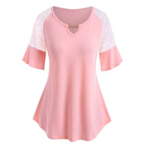 

Plus Size Lace Insert Chain V Notch Flutter Sleeve Tee, Light pink