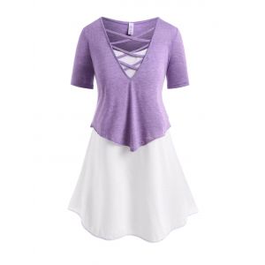 

Plus Size Space Dye Lattice Bicolor Overlap Tunic Tee, Purple