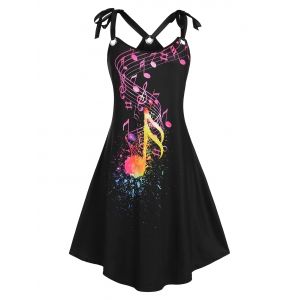 

Plus Size Tie Shoulder O Ring Musical Notes Print Sundress, Black