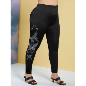 

Plus Size Sparkle Butterfly Rhinestone Skinny Pants, Black