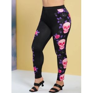 

Rose Skull Side Halloween Plus Size Skinny Pants, Black