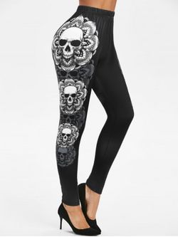 Halloween Skull Print Leggings - BLACK - XXXL