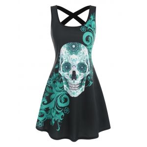 

Skull Musical Note Butterfly Print Criss Cross Tank Dress, Black