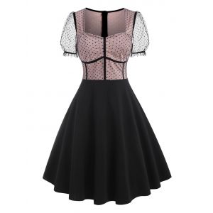 

Mesh Insert Polka Dot Puff Sleeve Corset Style Dress, Black