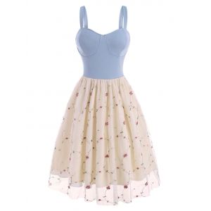 

Lace Insert Flower Embroidered Cupped Dress, Light blue
