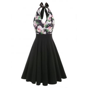 

Halter Flower Print V Front Backless Dress, Black