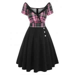 

Plunging Plaid Flower Print Mock Button Dress, Light pink