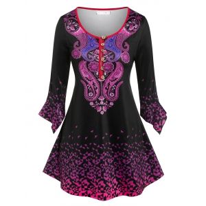 

Plus Size Bell Sleeve Paisley Print Henley Tee, Light purple