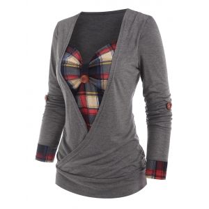 

Roll Up Sleeve Plaid Insert Surplice T Shirt, Gray