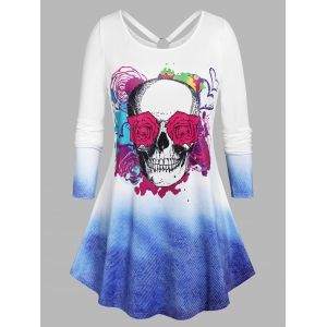 

Plus Size Halloween Rose Skull Print Ombre Color Tee, White