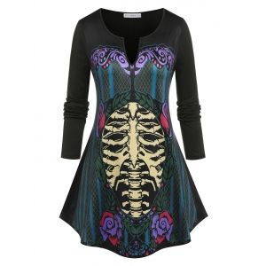 

Plus Size Skeleton Print V Notch Tunic Tee, Black