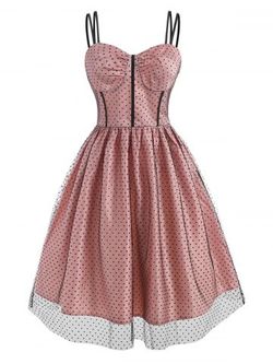 Mesh Overlay Polka Dot Corset Style Dress - LIGHT PINK - S