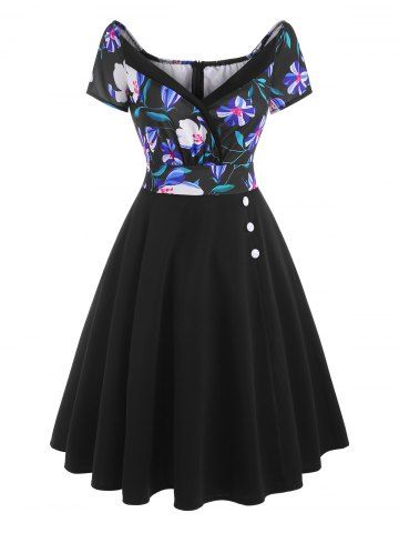 Plunging Plaid Flower Print Mock Button Dress