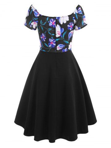 Plunging Plaid Flower Print Mock Button Dress