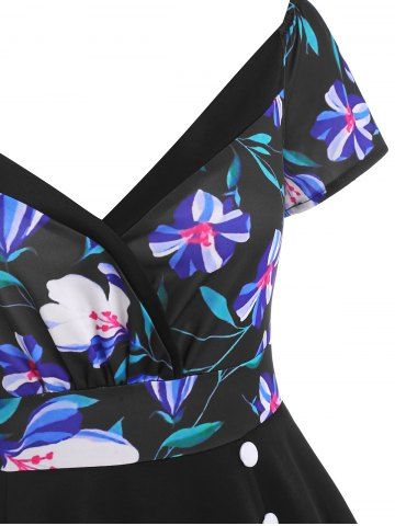 Plunging Plaid Flower Print Mock Button Dress