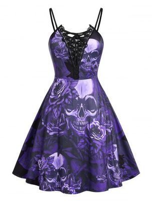 Plus Size Lace Up Skull Floral Print Cami 50s Dress