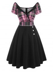 Plunging Plaid Flower Print Mock Button Dress -  