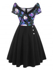 Robe Plongeante Fleur à Carreaux Imprimée avec Bouton - Multi M