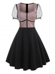 Mesh Insert Polka Dot Puff Sleeve Corset Style Dress -  
