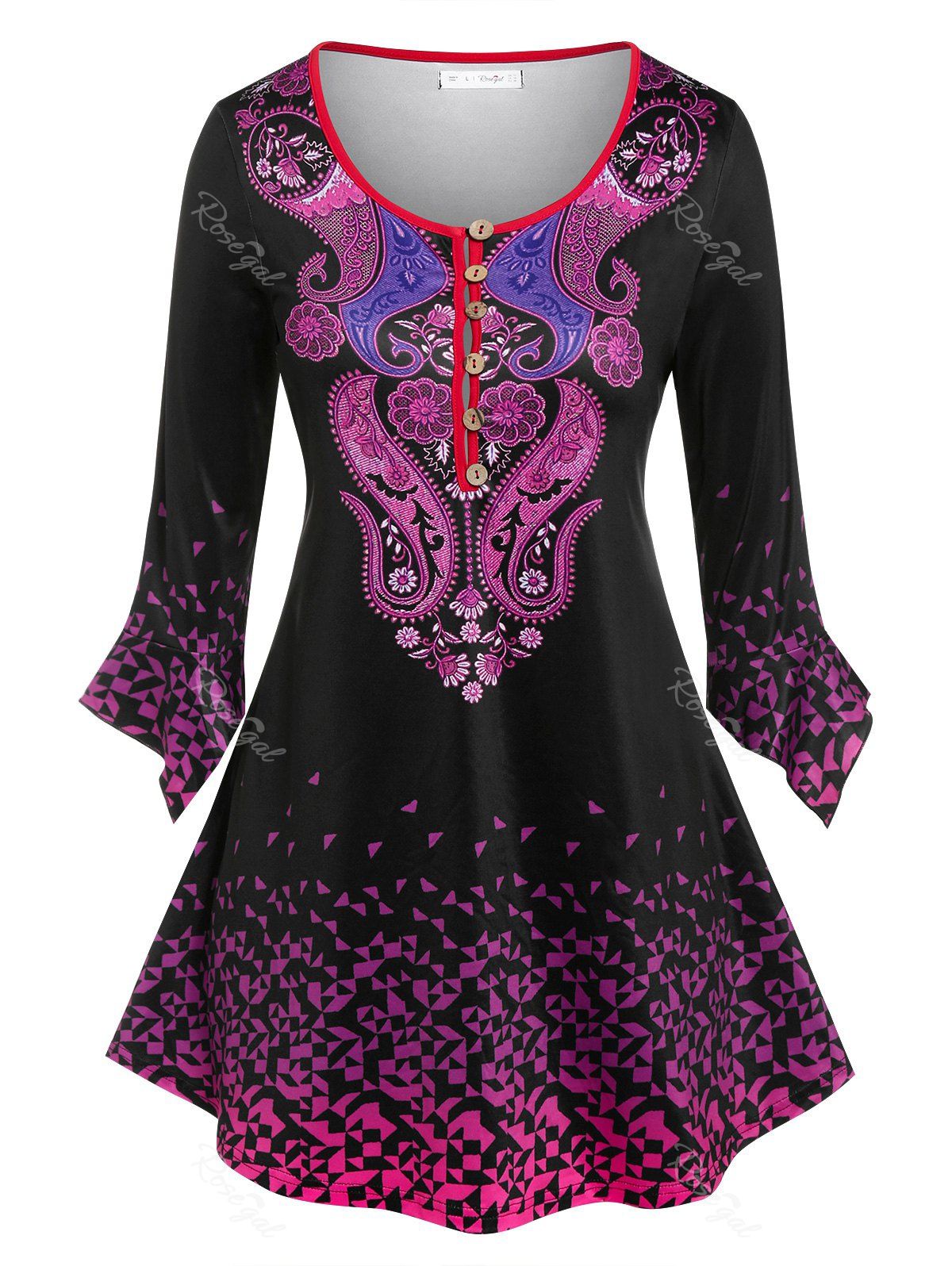 New Plus Size Bell Sleeve Paisley Print Henley Tee  