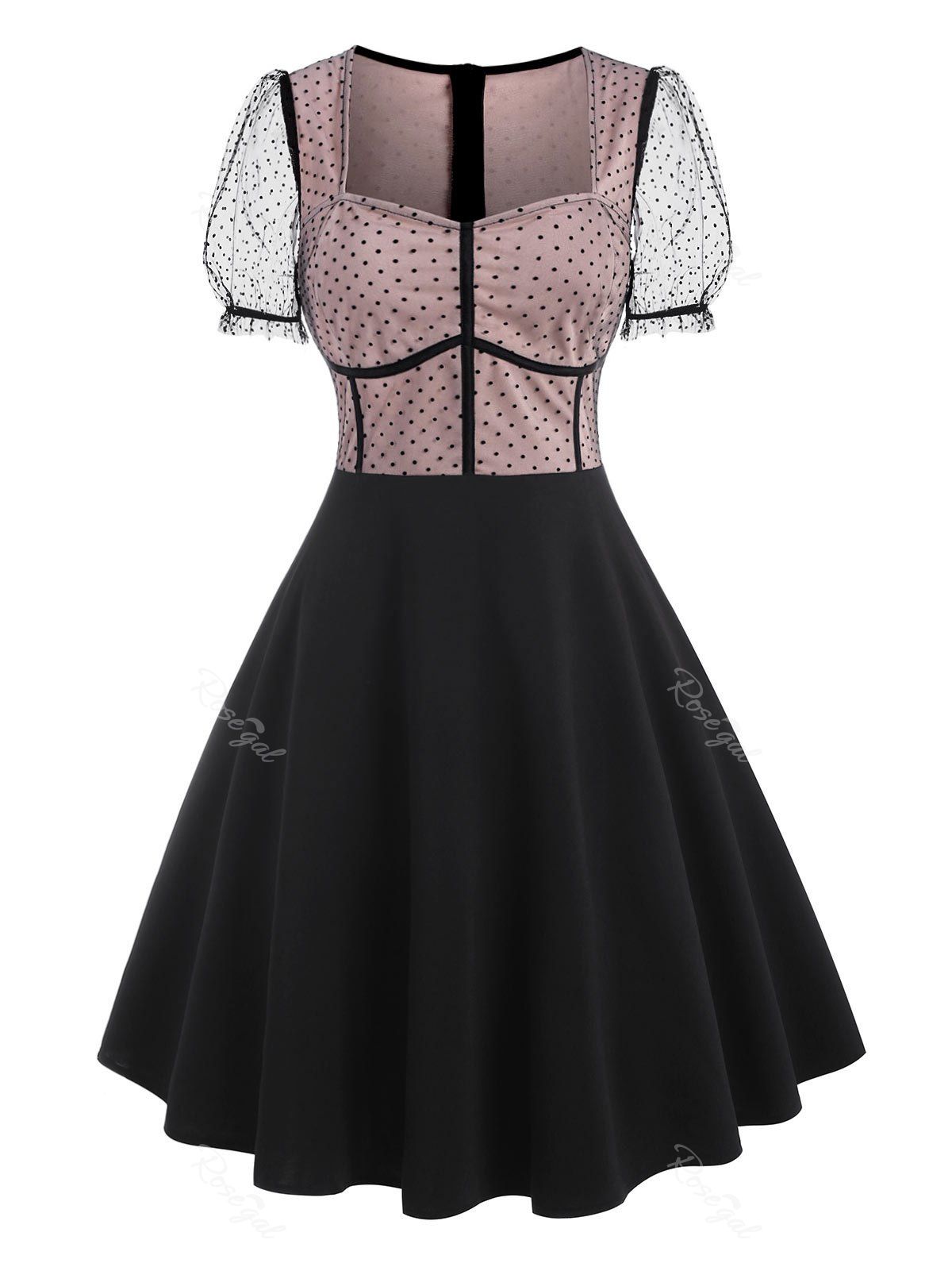 Store Mesh Insert Polka Dot Puff Sleeve Corset Style Dress  