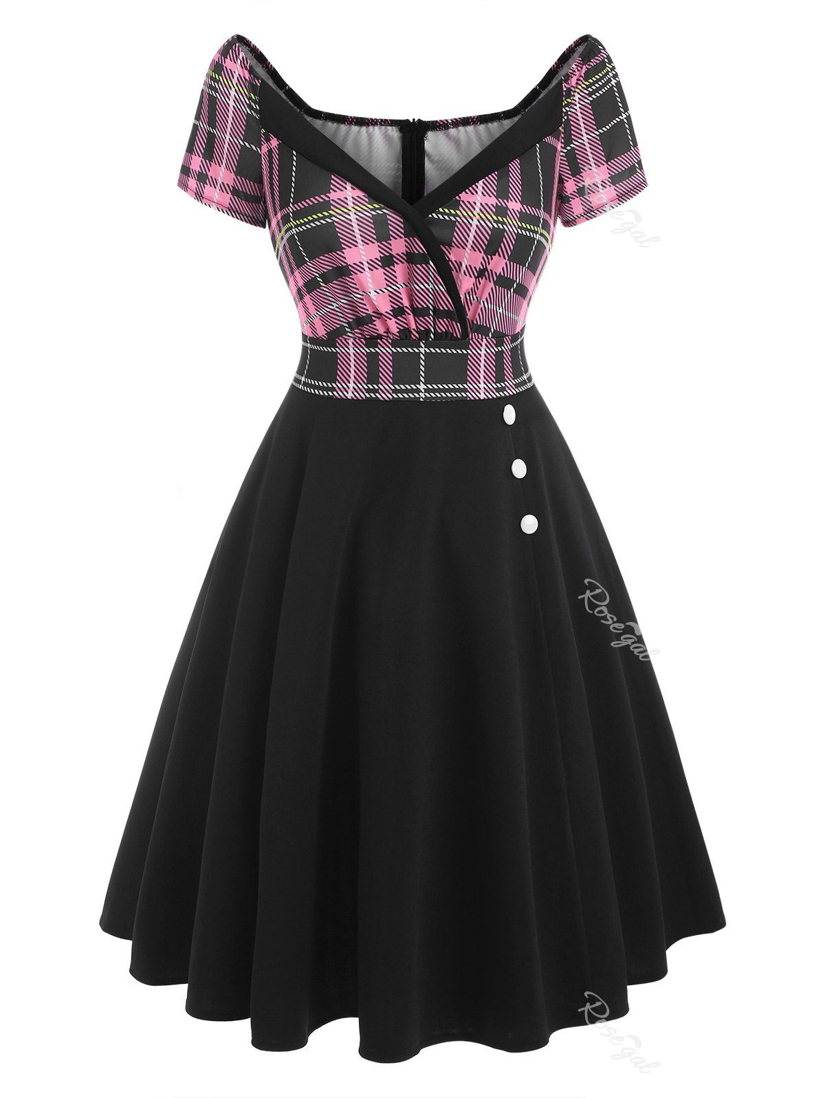 Shops Plunging Plaid Flower Print Mock Button Dress  