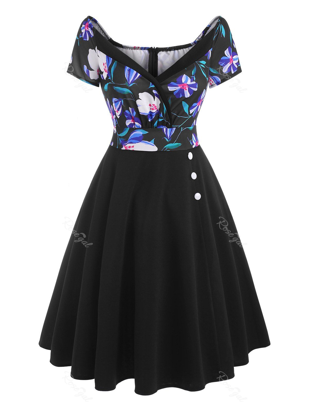 Robe Plongeante Fleur à Carreaux Imprimée avec Bouton Multi M