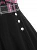 Plunging Plaid Flower Print Mock Button Dress -  