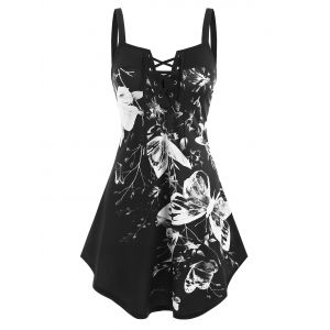 

Lace Up Flower Butterfly Print Curved Hem Tank Top, Black