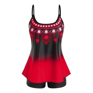 

Plus Size Ombre Print Backless Cami Boyleg Tankini Swimwear, Deep red