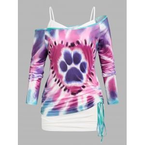 

Plus Size Skew Neck Cinched Tie Dye Tee and Tank Top Twinset, Multi