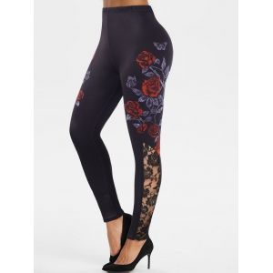 

Lace Insert Floral Butterfly Print Leggings, White