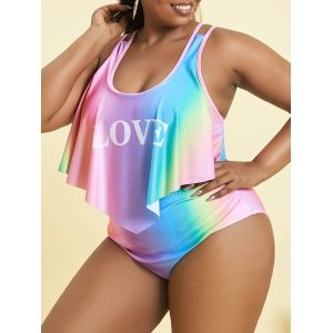 

Plus Size Rainbow Letter Flounce Overlay Tummy Control Tankini Swimwear, Multi