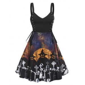 

Gothic Lace Up Halloween Printed Dress, Black