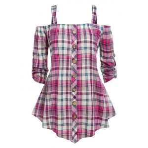

Plus Size Roll Up Sleeve Plaid Cold Shoulder Blouse, Multi
