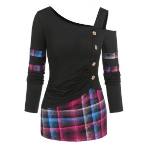 

Skew Neck Plaid Button Embellished T Shirt, Black
