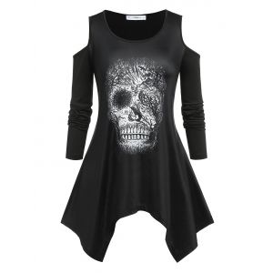 

Plus Size Halloween Cold Shoulder Skull Print Handkerchief Tee, Black