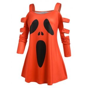 

Plus Size Ladder Cutout Cold Shoulder Halloween T-shirt, Red