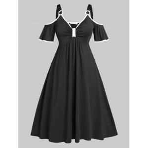 

Plus Size Open Shoulder Binding Cutout A Line Dress, Black