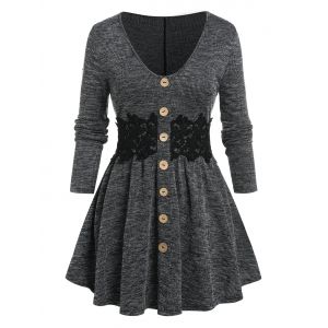 

Plus Size Rib Knit Button Lace T Shirt, Dark gray