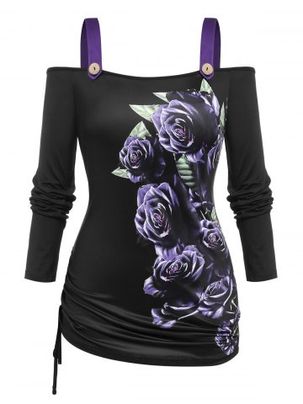 Plus Size Cinched Floral Print Cold Shoulder Gothic Tee
