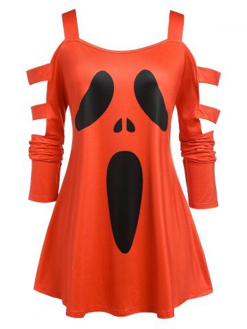 Plus Size Ladder Cutout Cold Shoulder Halloween T-shirt