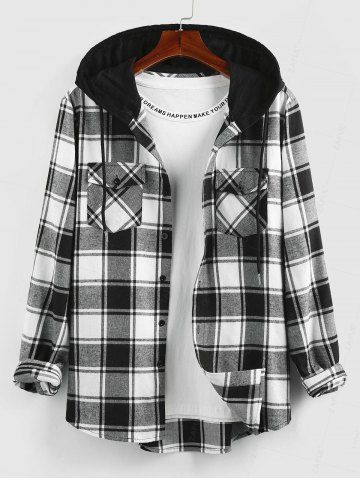 Hooded Plaid Print Double Pockets Shirt - BLACK - L