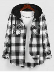 Hooded Plaid Print Double Pockets Shirt -  