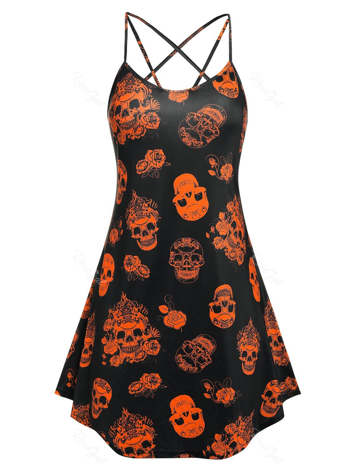 Trendy Plus Size Skull Print Gothic Cami Dress  